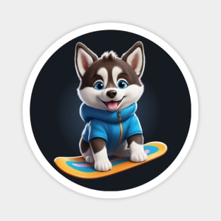 Cute Snowboarding Husky Puppy Magnet